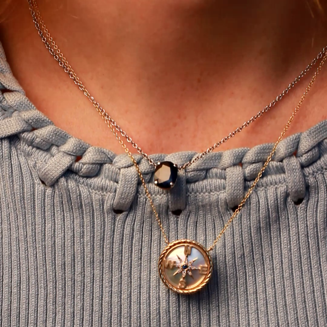 14K Yellow Gold Mother of Pearl Blue Sapphire & Diamond Compass Necklace