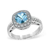 14K White Gold Cushion Shape Aquamarine & Diamond Halo Hand-Etched Ring