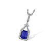 14K White Gold Emerald Cut Tanzanite & Diamond Halo Drop Pendant