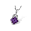 14K White Gold Amethyst Cushion Pendant Diamond Leaf Pendant