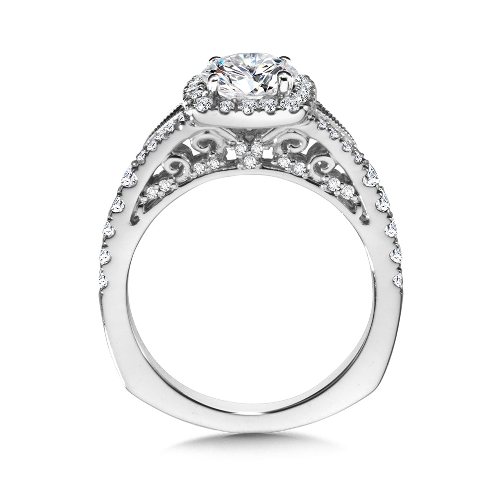 14K White Gold Split Shank Cushion-Shaped Halo Diamond Engagement Ring