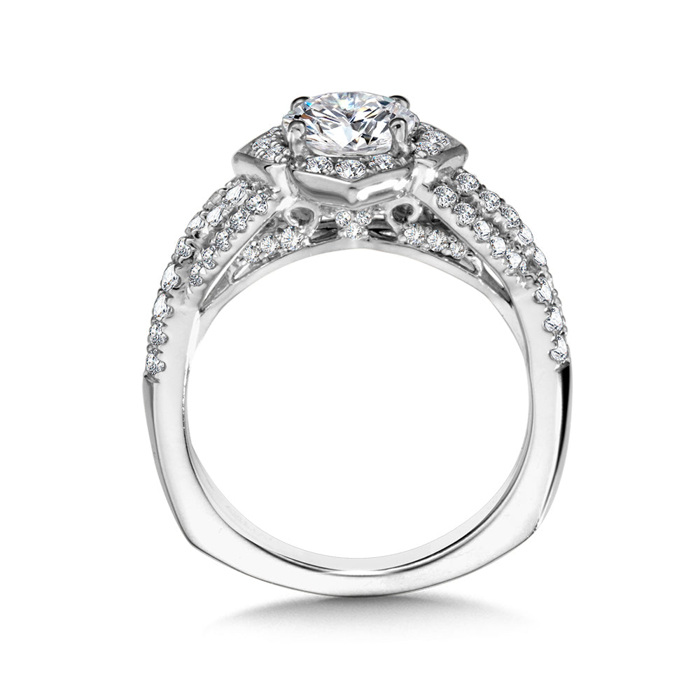14K White Gold Criss Cross Diamond Floral Halo Engagement Ring