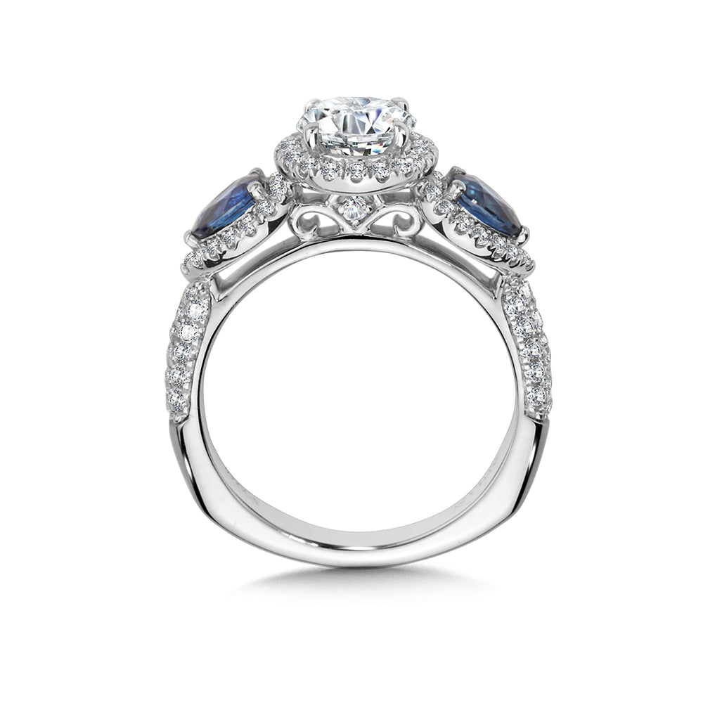 14K White Gold Diamond Halo And Pear-Shaped Sapphire Engagement Ring