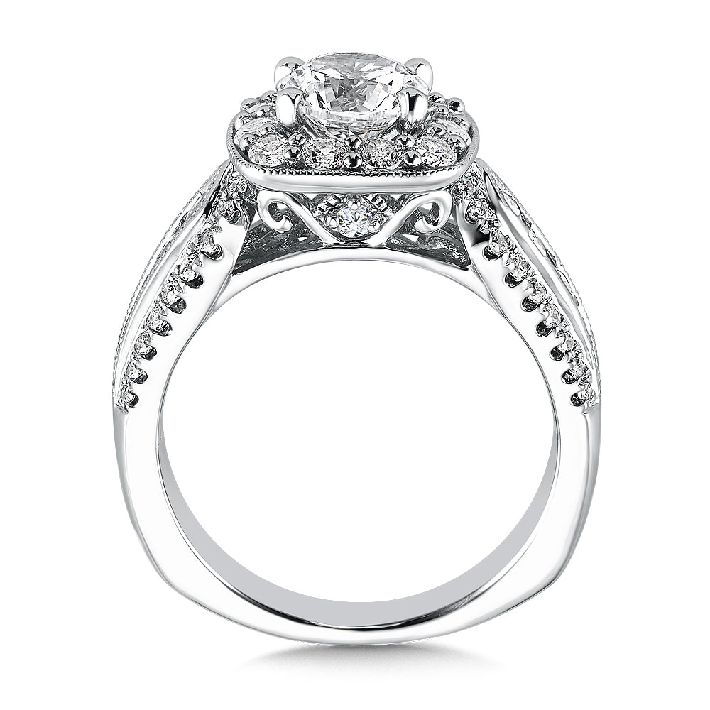 14K White Gold Cushion Shape Triple Diamond Band Halo Engagement Ring