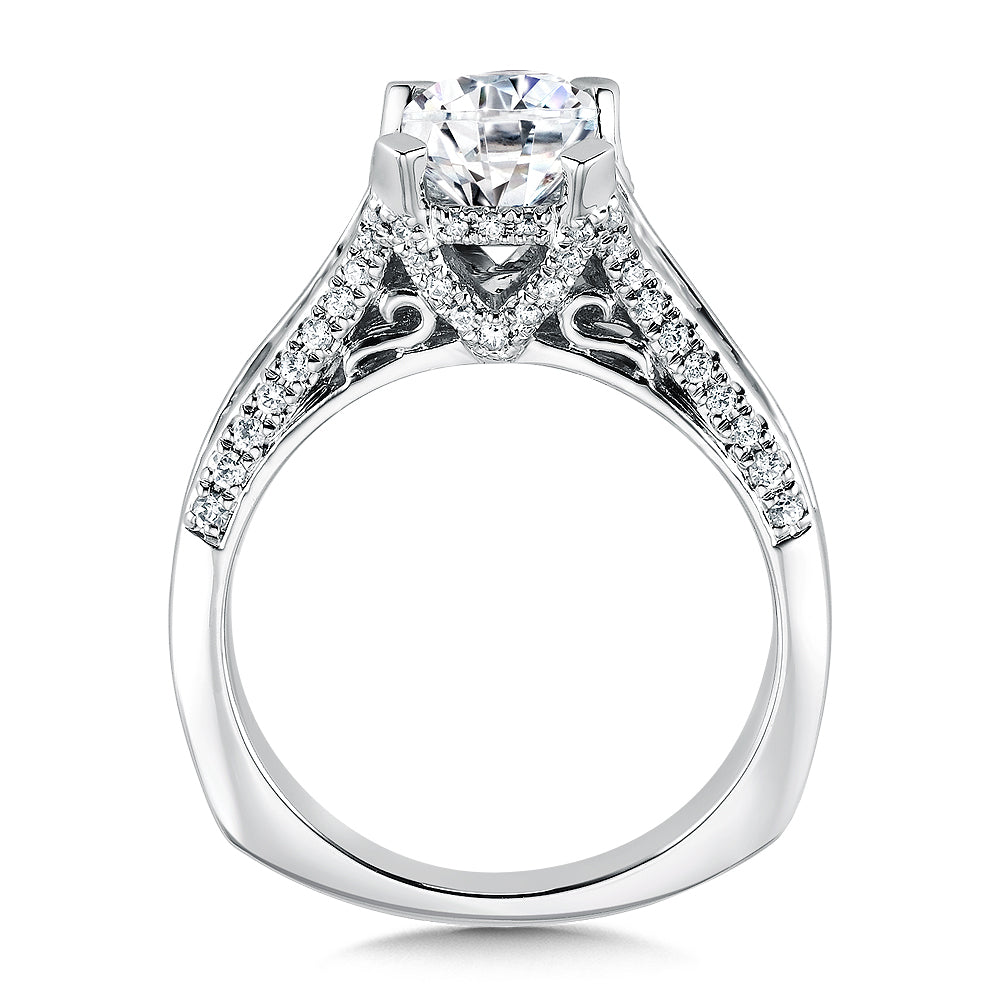 Three Row 14K White Gold Cathedral Emerald Cut Engagement Ring