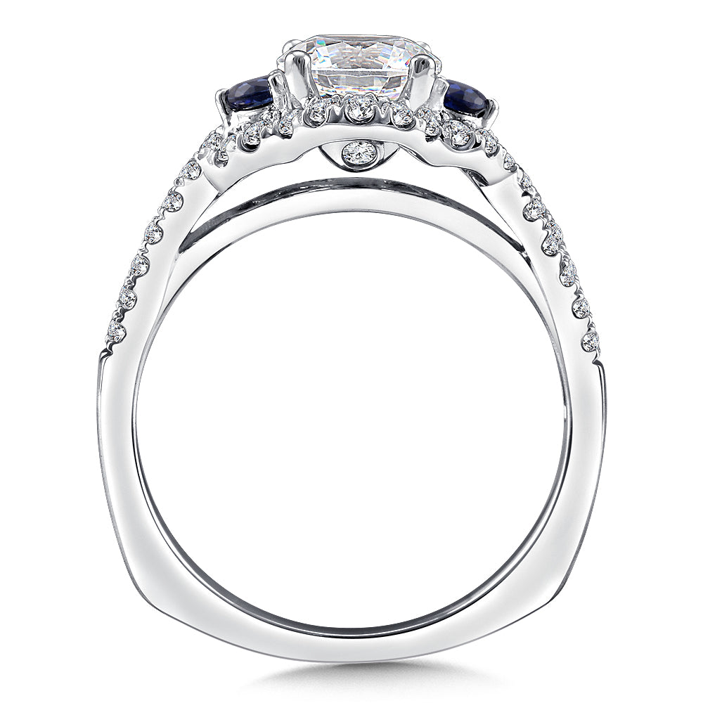 14K White Gold Diamond And Blue Sapphire Criss-Cross Halo Engagement Ring