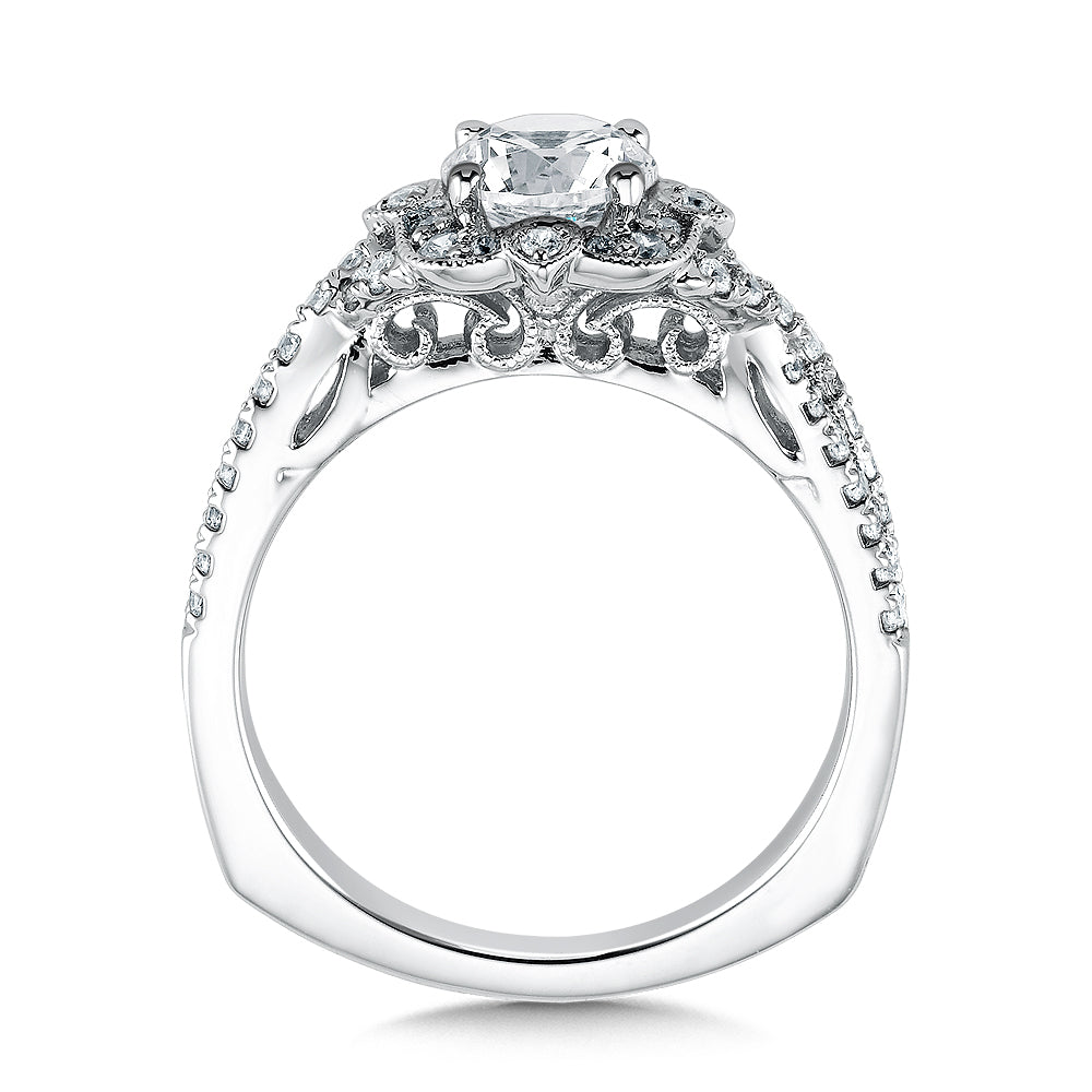 14K White Gold Floral Halo Diamond Accent Engagement Ring