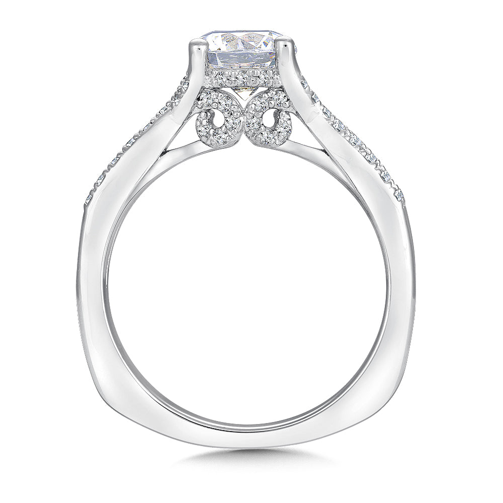 14K White Gold Diamond Scroll Crossover Engagement Ring