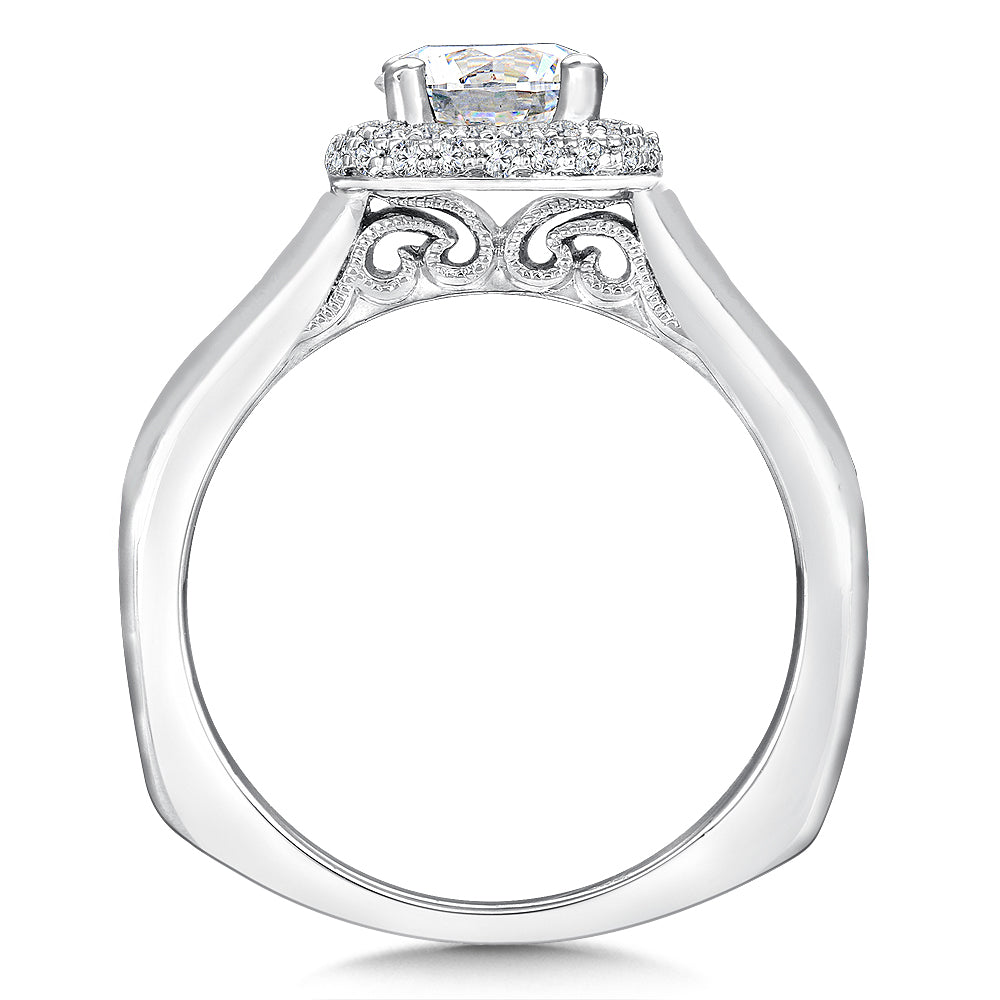 14K White Gold Pave Double Diamond Cushion Shape Halo Engagement Ring