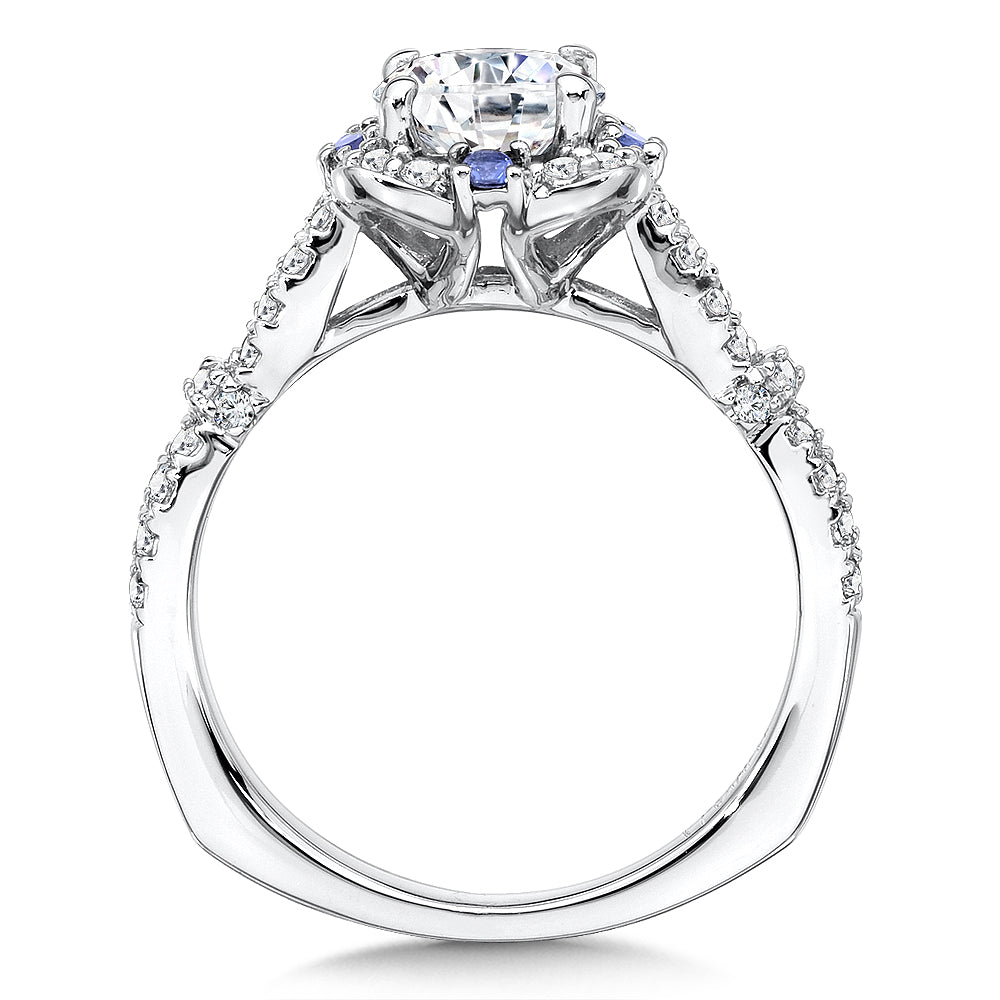 14K White Gold Floral Diamond And Blue Sapphire Criss-Cross Halo Engagement Ring
