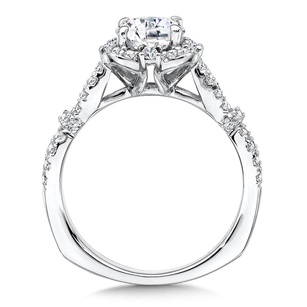 14K White Gold Floral Shape Halo And Criss-Cross Diamond Engagement Ring