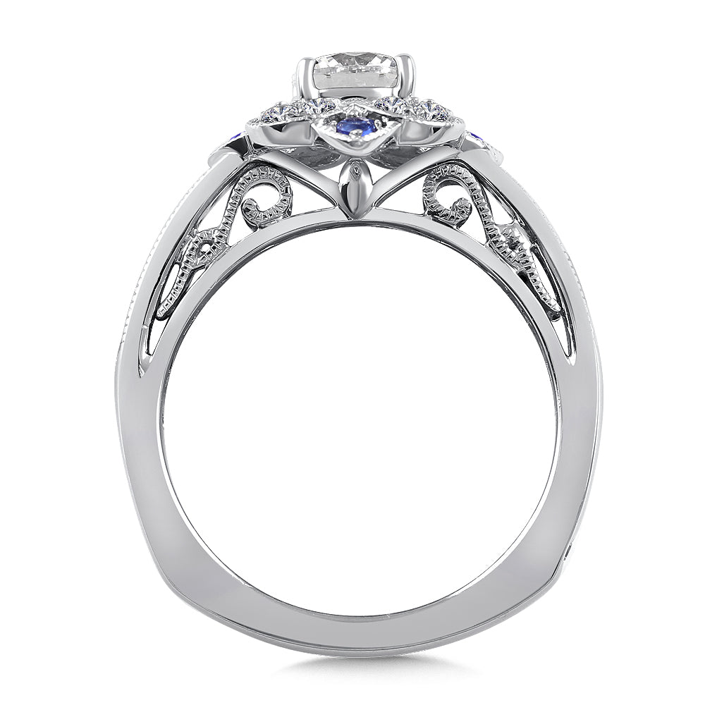 14K White Gold Floral Diamond And Blue Sapphire Accent Halo Engagement Ring