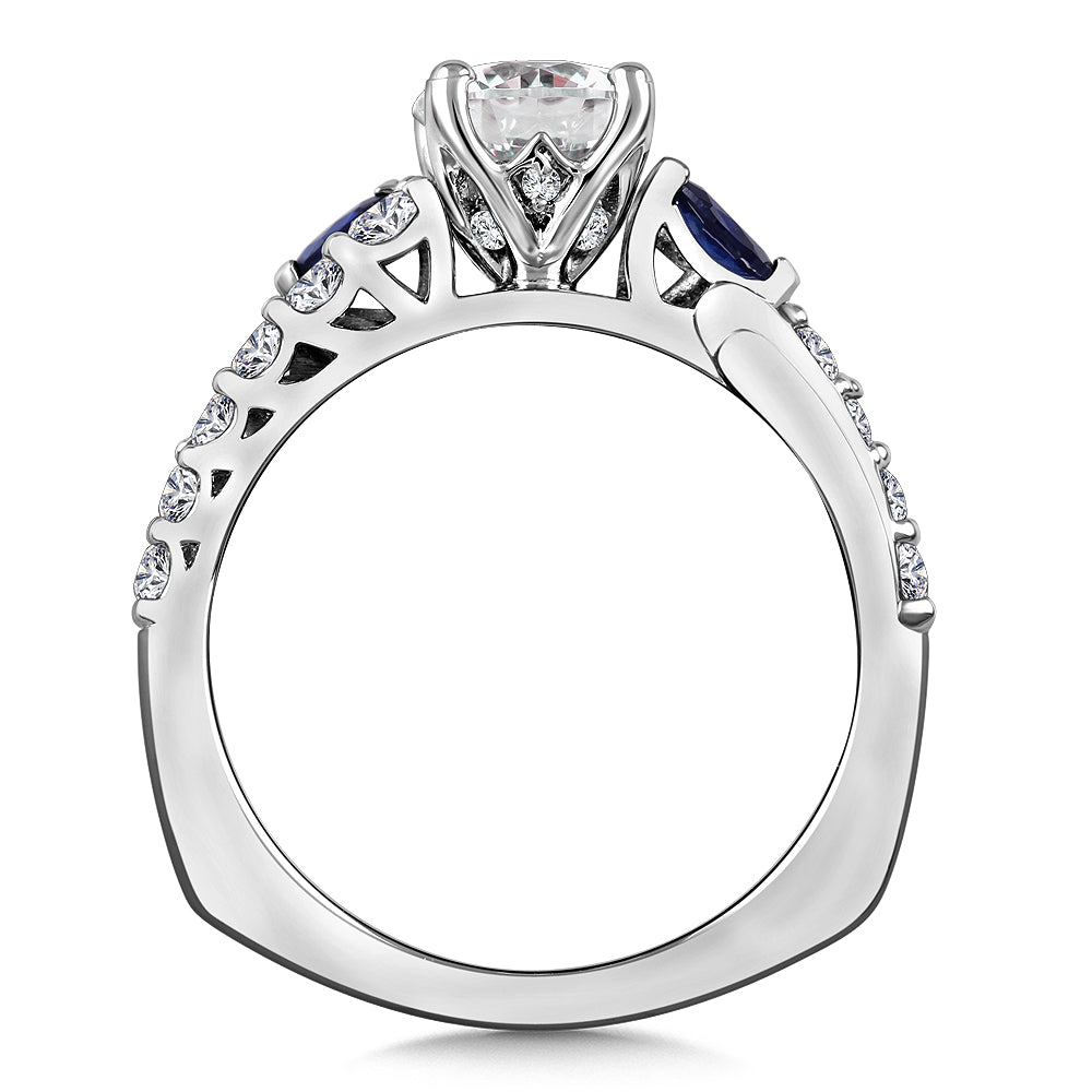 14K White Gold Asymmetrical Diamond And Blue Sapphire Engagement Ring