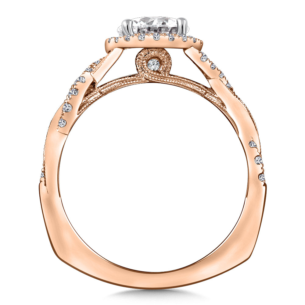 14K Rose Gold Asymmetrical Diamond Halo Engagement Ring