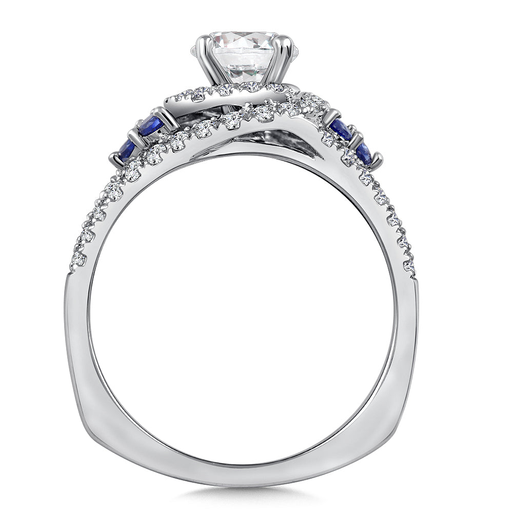 14K White Gold Diamond And Blue Sapphire Spiral Halo Engagement Ring