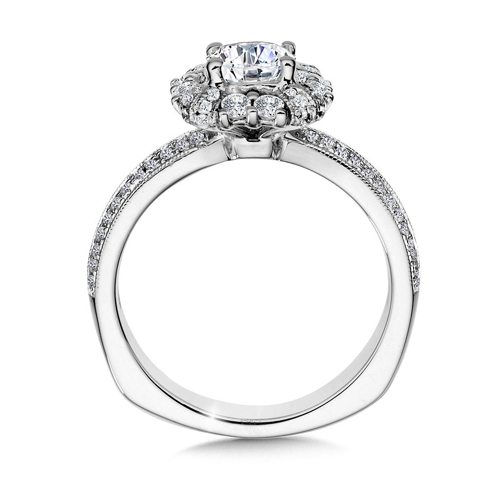 14K White Gold Decorative Milgrain Halo Engagement Ring