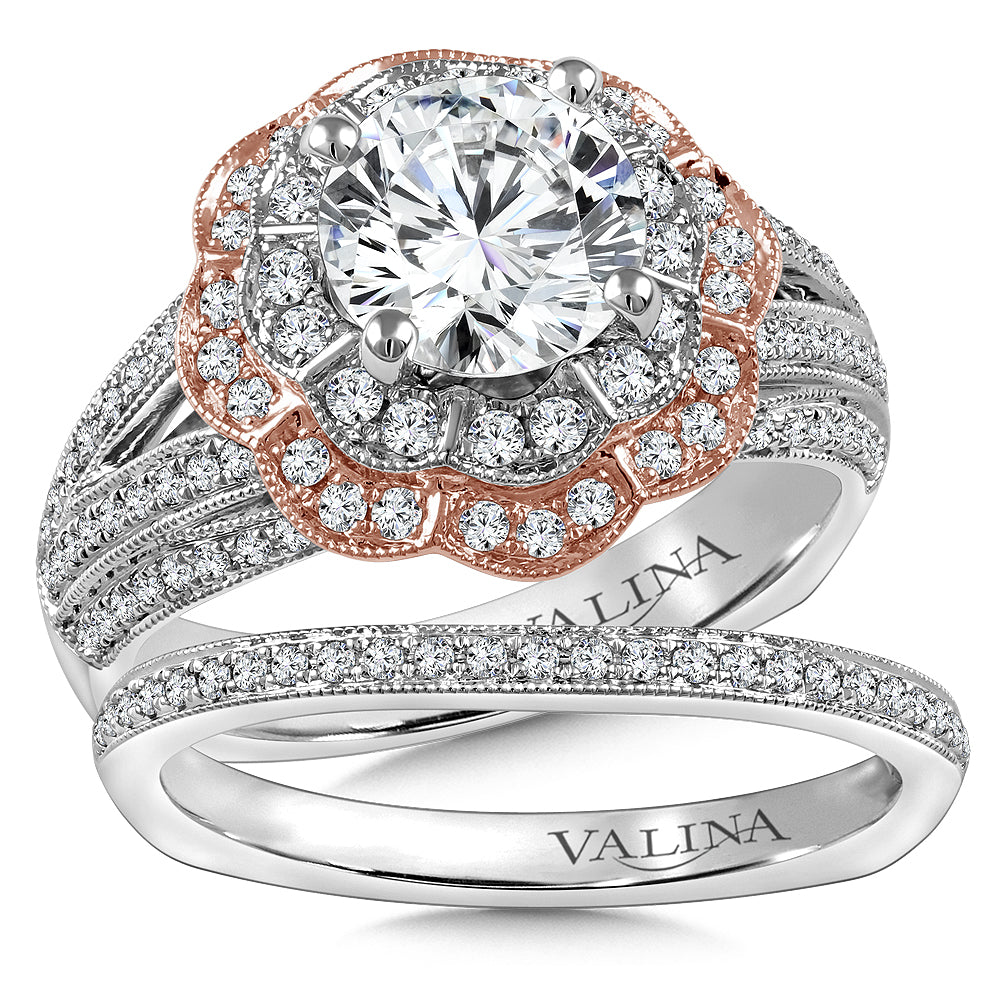 14K White & Rose Gold Floral Double Halo Engagement Ring