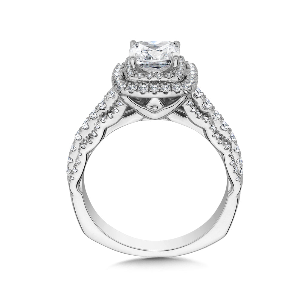 14K White Gold Cushion Halo Triple Diamond Band Engagement Ring