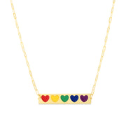 14K Yellow Gold Rainbow Enamel Hearts Bar Necklace