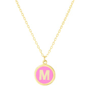14K Yellow Gold Pink Enamel M Initial Necklace