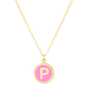 14K Yellow Gold Pink Enamel P Initial Necklace