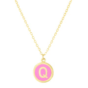 14K Yellow Gold Pink Enamel Q Initial Necklace