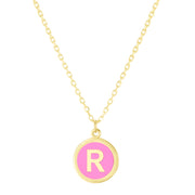 14K Yellow Gold Pink Enamel R Initial Necklace