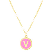 14K Yellow Gold Pink Enamel V Initial Necklace