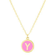14K Yellow Gold Pink Enamel Y Initial Necklace