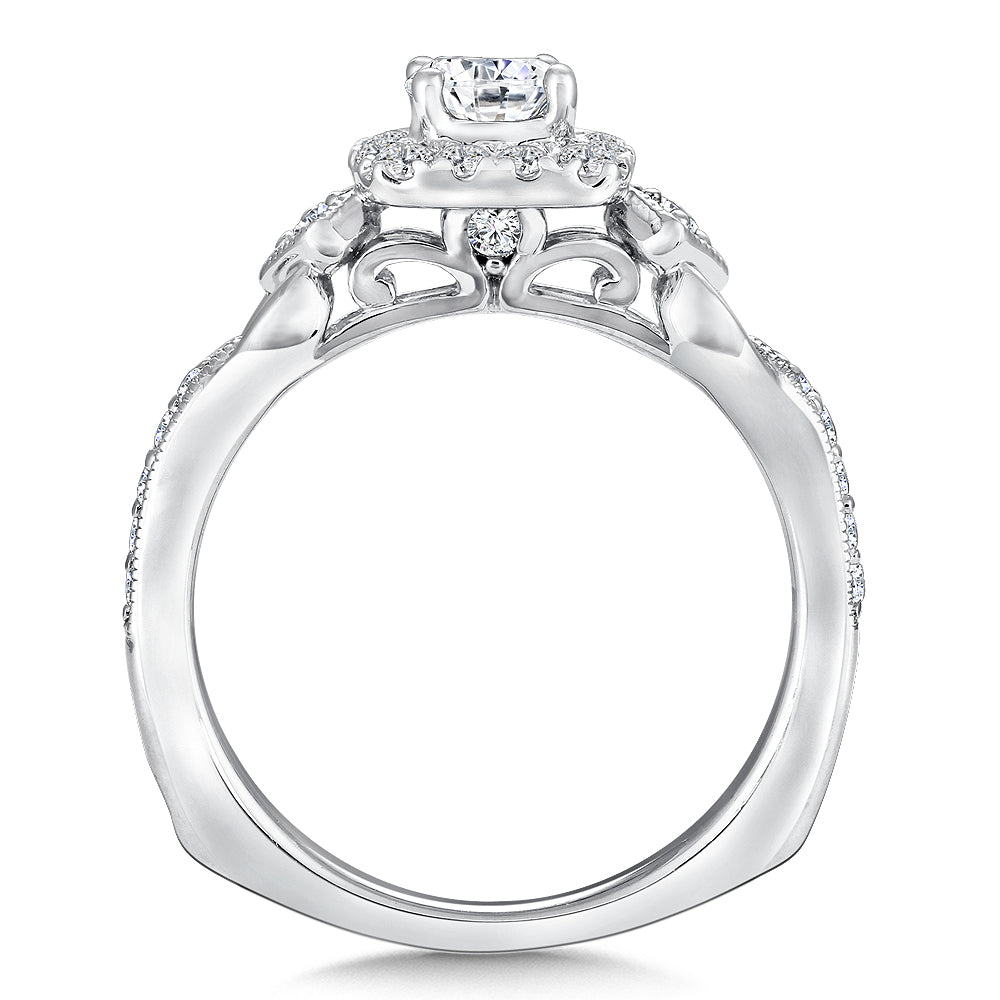 14K White Gold Three-Stone Halo Style Diamond Engagement Ring