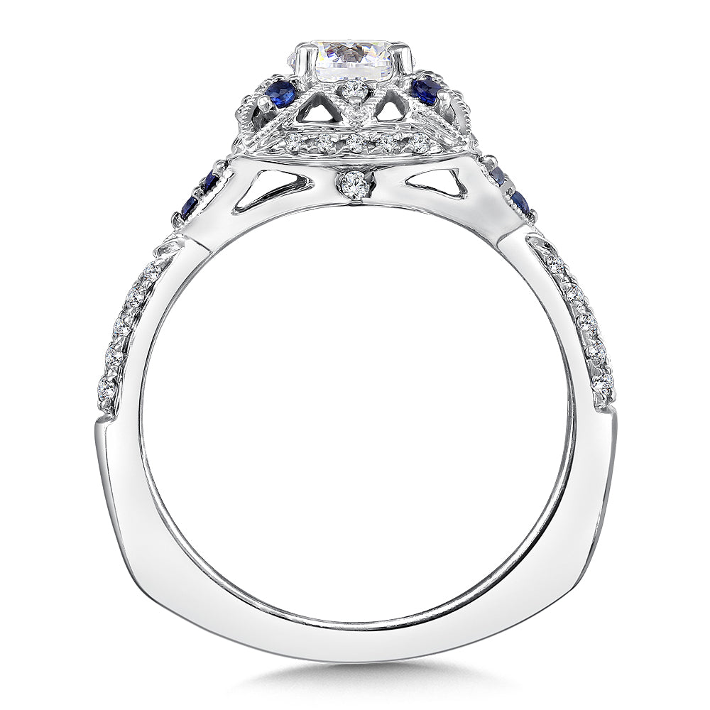 14K White Gold Vintage Square Floral Sapphire Accent Diamond Halo Engagement Ring