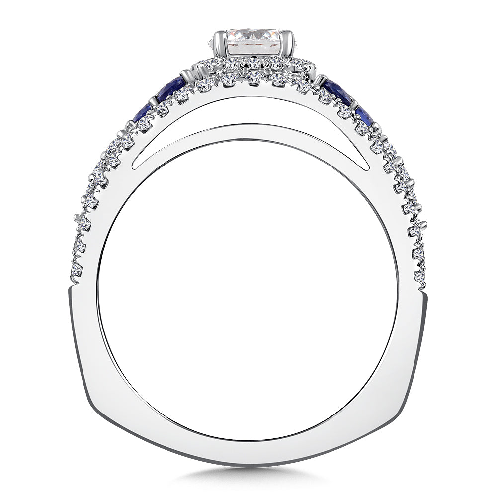 14K Two-Tone Gold Wide Diamond And Blue Sapphire Halo Engagement Ring