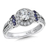 14K Two-Tone Gold Diamond And Blue Sapphire Split Shank Halo Engagement Ring