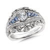 14K White Gold Decorative Diamond And Blue Sapphire Scroll Engagement Ring