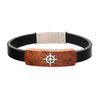 Black Leather with Ship's Wheel in Red Wood ID Bracelets