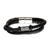 Black Plated & Antiqued Finish Drum Beads with Black Leather Layered Bracelet