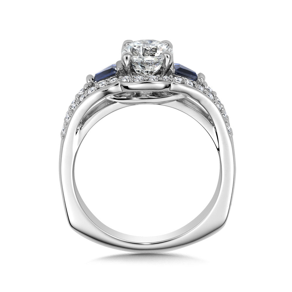 14K White Gold Diamond And Baguette Sapphire Engagement Ring