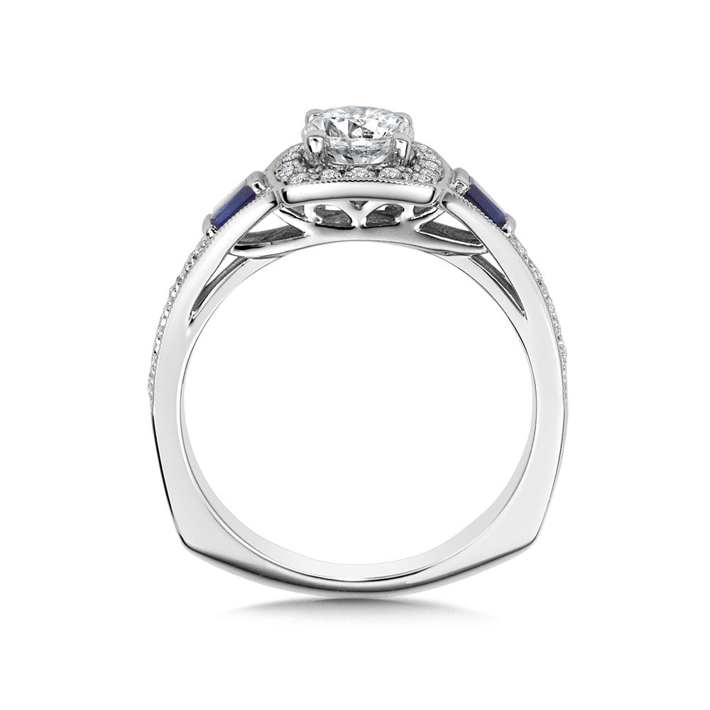 14K White Gold Cushion Shape Diamond Halo And Blue Sapphire Baguette Engagement Ring