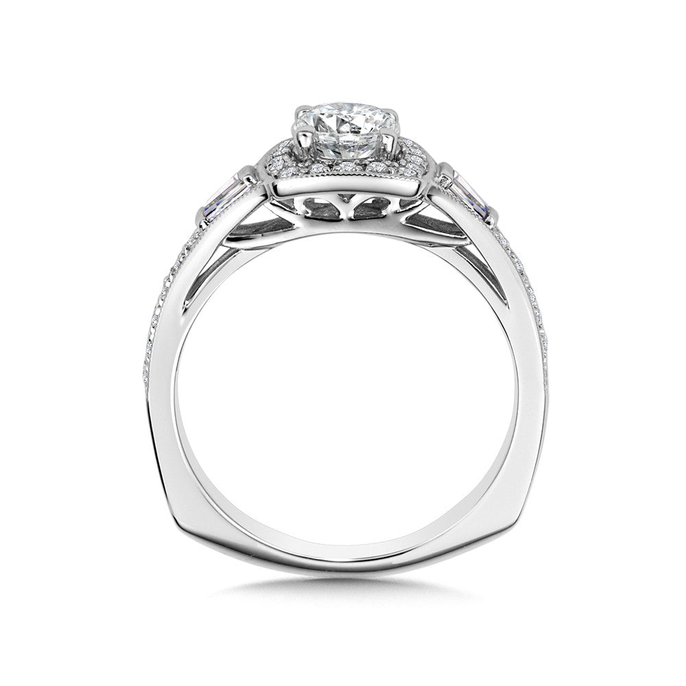 14K White Gold Cushion Shape Diamond Halo And Baguette Engagement Ring