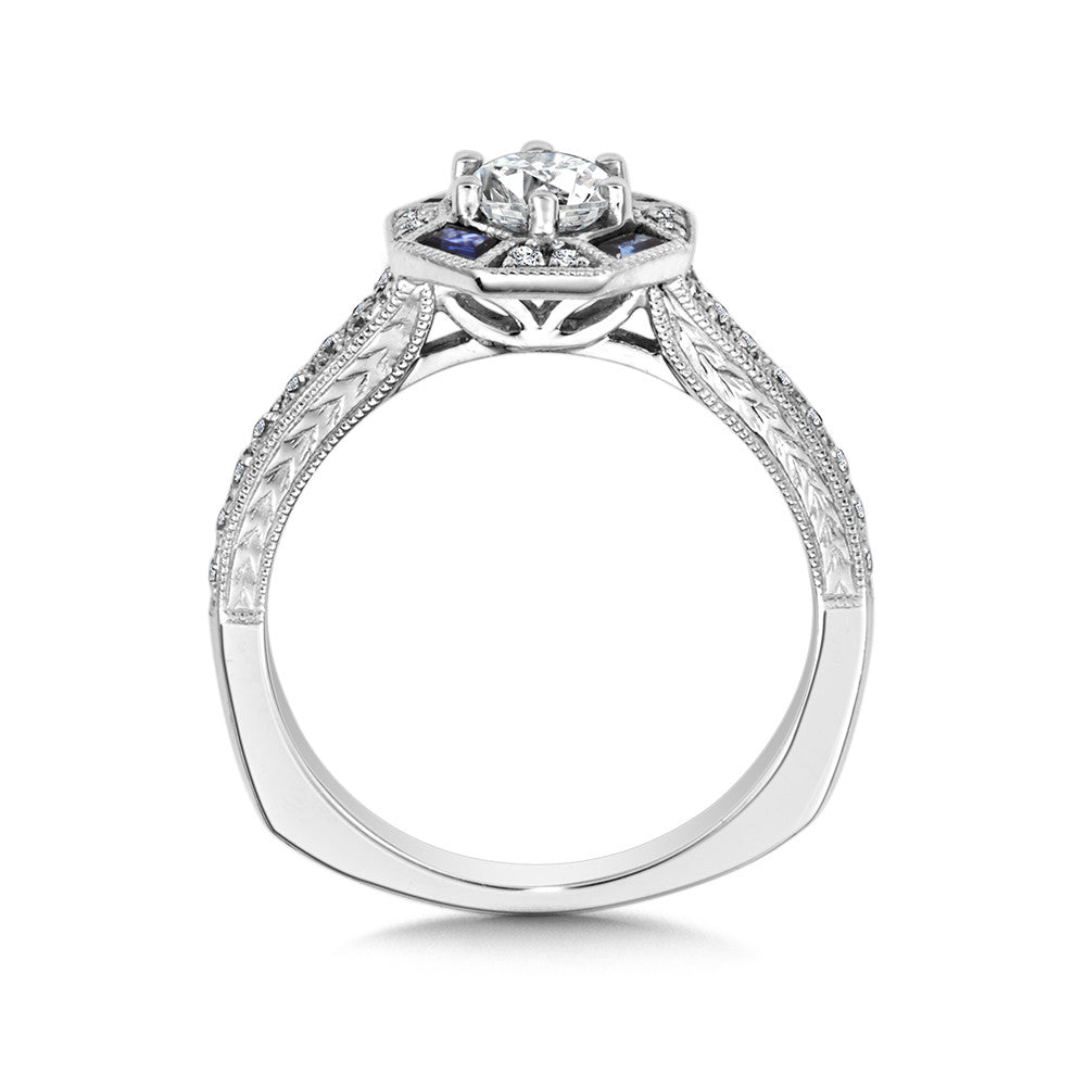 14K White Gold Vintage Diamond And Sapphire Halo Engagement Ring